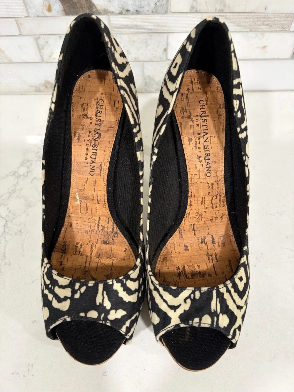 Christian Siriano Black and Cream Patterned Peep-Toe Stiletto High Pumps Sz 7.5